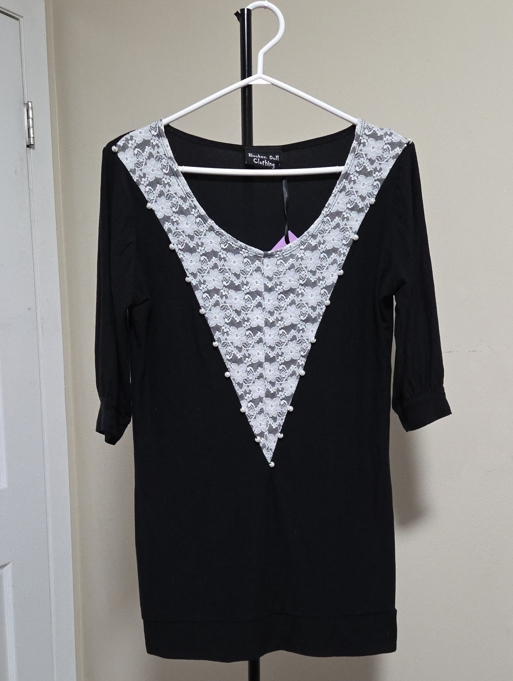 Nwt Broken Doll Clothing Black Lace-Front Long Sleeve Women's Top